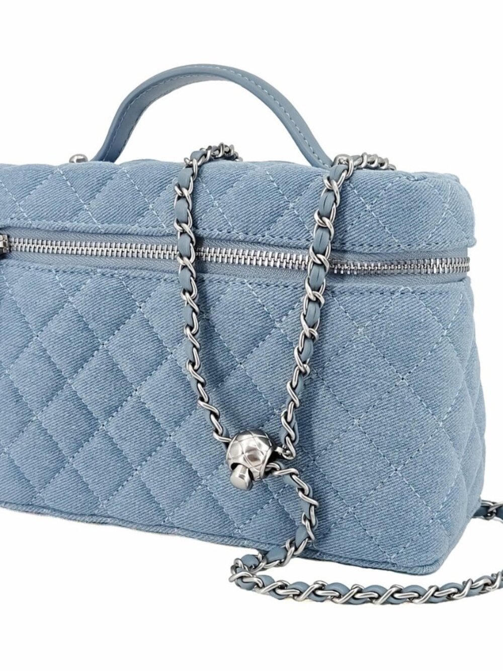 Quilted Denim Slim Vanity Purse Vintage Top Handle Crossbody Bag
